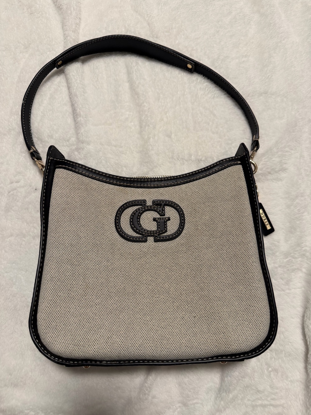 Guess Beige Canvas Shoulder Bag with Black Trim